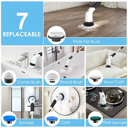 Electric Spin Scrubber, Cordless Cleaning Brush with 180 Min Runtime, 3-Speed, 7 Replaceable Brush Heads & Long Detachable Handle, LCD Display (RPM/Torque/Battery), for Bathroom, Kitchen, Tile
