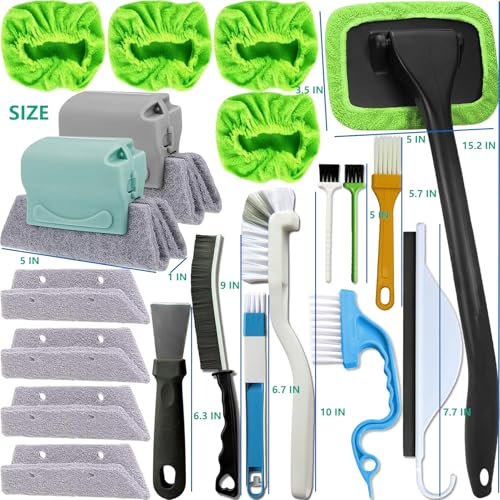 CRAFNEW Small Window Track Cleaning Kit, 20Pcs Multi-Purpose Household Cleaning Tools with Squeegee, Detail Brush & Reusable Microfiber Pads for Sliding Door, Glass, Bathroom Mirror, Auto Windshield