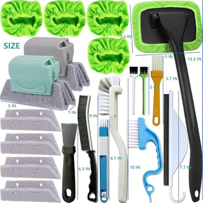 CRAFNEW Small Window Track Cleaning Kit, 20Pcs Multi-Purpose Household Cleaning Tools with Squeegee, Detail Brush & Reusable Microfiber Pads for Sliding Door, Glass, Bathroom Mirror, Auto Windshield