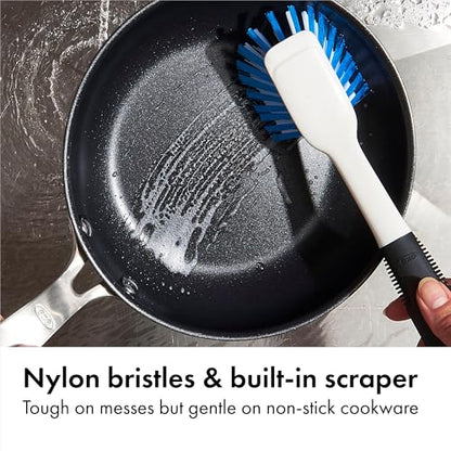 OXO Good Grips Dish Brush, Nylon Bristles with Built-in Scraper, Safe for Non-Stick Cookware, Non-Slip Handle, Dishwasher Safe - style: Plastic