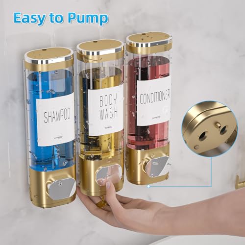 VITVITI Shampoo and Conditioner Dispenser for Shower Wall, Shower Soap Dispenser 3 Chamber No Drill Wall Mounted, 10.2 OZ Plastic Refillable Shower/Body Wash Bottles for Bathroom (Glod) - color: Gold