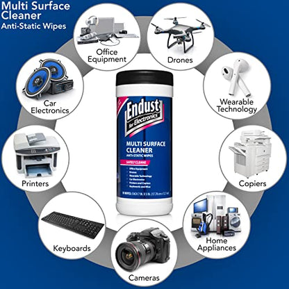 Endust For Electronics; Multi-Surface, Anti-Static, Electronics Cleaning Wipes; Alcohol & Ammonia Free; 12 Pack of 70 Wipes per Container (259000P12) - size: 70 Count (Pack of 12)