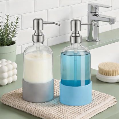 16 oz Hand and Dish Soap Dispenser Set for Kitchen and Bathroom, 500ml Clear Glass Soap Dispenser with Stainless Steel Pump, Non-Slip Silicone Sleeves, Labels - 2 Pack - color: Clear