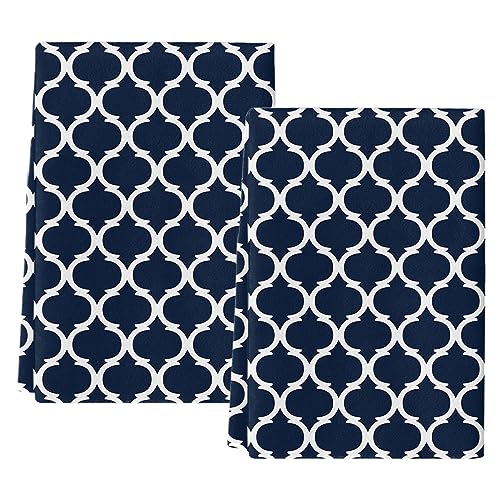 Chic D Geometric Moroccan Pattern Kitchen Towel Set of 2, Absorbent Microfiber Hand Towels for Kitchen Bathroom Bar Decorative Navy Blue White Ultra Soft Resuable Cleaning Cloths Washable Fast Drying - size: 2PCS-18" x 28"