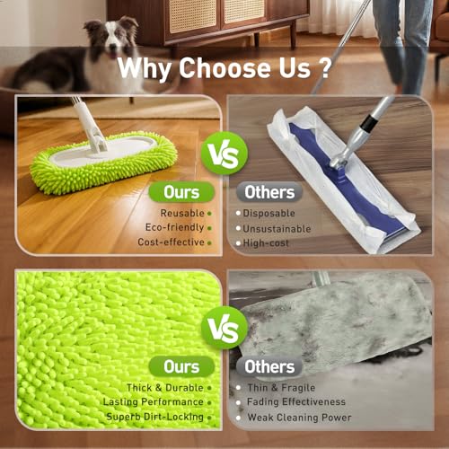 6 Pack Reusable Microfiber Mop Pads Compatible with Sweeper Mops, Replacement Mopping Pads Dry Sweeping Cloths, Washable Chenille Flat Mops Refills for Mopping Floor Cleaning (Mop is not Included) - color: Green