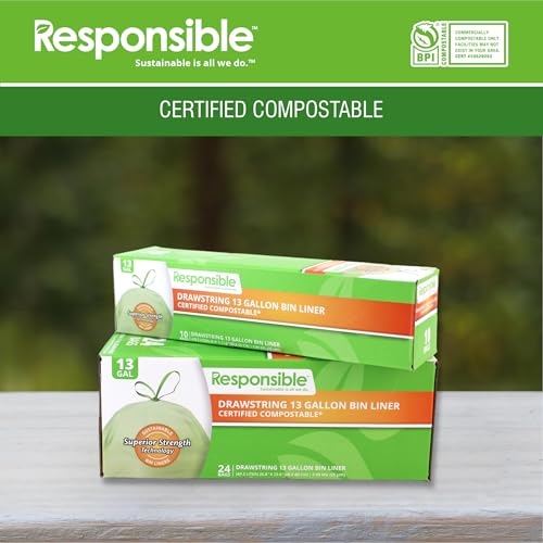 Responsible Products Kitchen Bin Liners, Certified Compostable, Heavy Duty Multipurpose Food Scrap Bags, Made from Compostable Materials (13 Gallon, 13 Gallon (120 Count)) - size: 13 Gallon (120 Count), style: 13 Gallon Drawstring