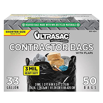 Ultrasac Contractor Trash Bags - (50 Pack/w Ties) - Heavy Duty 3 MIL Thick, 39" x 32", Shorter 33 Gallon Black Version - for Industrial, Commercial, Professional, Construction, Lawn, Leaf, and More - size: 1 Count (Pack of 50)