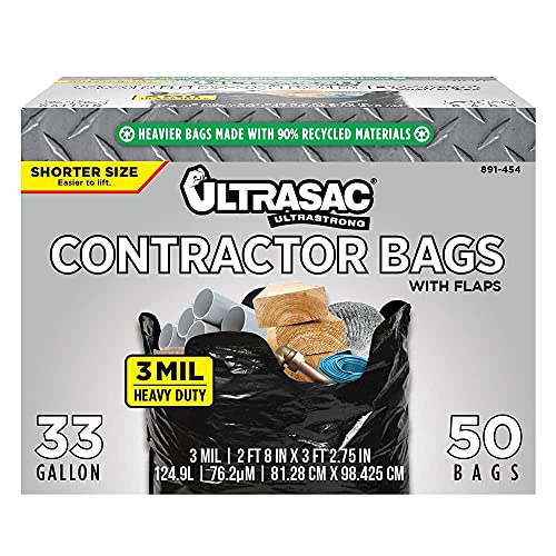 Ultrasac Contractor Trash Bags - (50 Pack/w Ties) - Heavy Duty 3 MIL Thick, 39" x 32", Shorter 33 Gallon Black Version - for Industrial, Commercial, Professional, Construction, Lawn, Leaf, and More - size: 1 Count (Pack of 50)