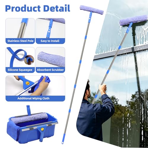 Window Cleaning Kit with 3 Gallon Bucket – 76" Long Hand Window Washing Tool Set for Home, Commercial & Car – 14" Squeegee + 15" Scrubber, Professional Grade Cleaner Equipment for High Windows