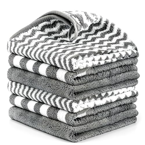 Microfiber Cleaning Cloth 6 Pack, Ultra Soft Super Absorbent Lint Free Dish Towels with Hanging Loop, 13.5x29 Inch Gray Reusable Kitchen Towels for Kitchen, Window, Car, Household - color: Gray, size: 13.5×29inches