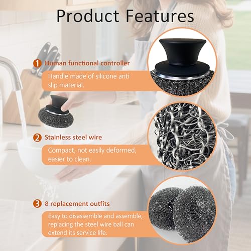 8Pcs Stainless Steel Wool Scrubber with 2 Silicone Handles, Scouring Brush for Cleaning Dishes, Pots, Pans, Grills, and Sinks(Black)