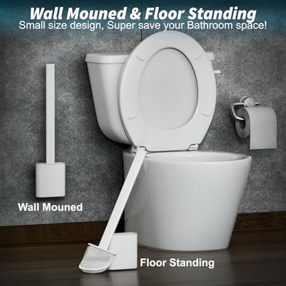 Silicone Toilet Brushes & Holders – Pack of 2 Long Non-Slip Handle, Flexible Bristles for Easy Cleaning – Modern Drip-Free Base, Durable White Bathroom Toilet Brush Set with Holder