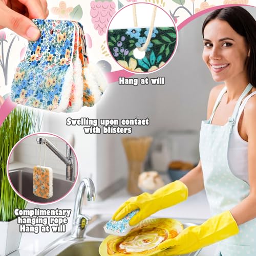 Hahafelt 36 Counts Compressed Cellulose Sponges Bulk Craft Pop up Floral Pattern Natural Kitchen Compostable Non Scratch Dish Sponges for Washing Dishes, Cleaning Countertop Sink - style: Floral