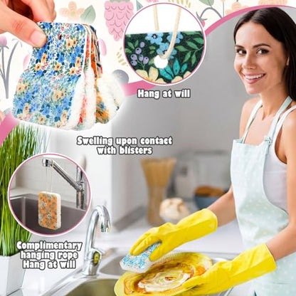 Hahafelt 36 Counts Compressed Cellulose Sponges Bulk Craft Pop up Floral Pattern Natural Kitchen Compostable Non Scratch Dish Sponges for Washing Dishes, Cleaning Countertop Sink - style: Floral
