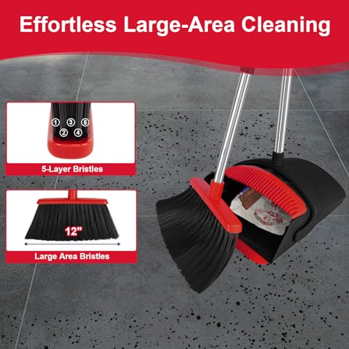 Broom with Dustpan Combo Set and Silicone Air Broom Kit, 51" Long Handle Floor Squeegee, Red Household Kit for Glass Window Rugs Pet Hair Home - color: Red