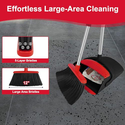 Broom with Dustpan Combo Set and Silicone Air Broom Kit, 51" Long Handle Floor Squeegee, Red Household Kit for Glass Window Rugs Pet Hair Home - color: Red