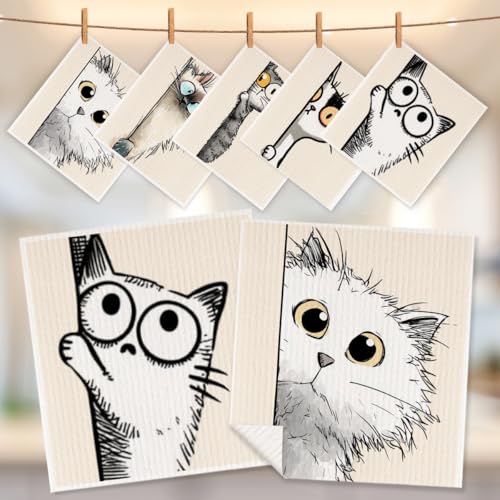5 Pcs Cartoon Cute Peeking Kitten Swedish Dishcloths, Kitty Swedish Dishcloth, Funny Cat Dish Cloths for Drying Dishes, Reusable Cleaning Cloths, Cat Lover Gifts for Women 9 - color: Lm 03440