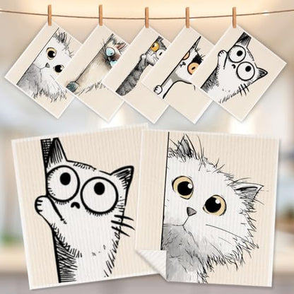 5 Pcs Cartoon Cute Peeking Kitten Swedish Dishcloths, Kitty Swedish Dishcloth, Funny Cat Dish Cloths for Drying Dishes, Reusable Cleaning Cloths, Cat Lover Gifts for Women 9 - color: Lm 03440