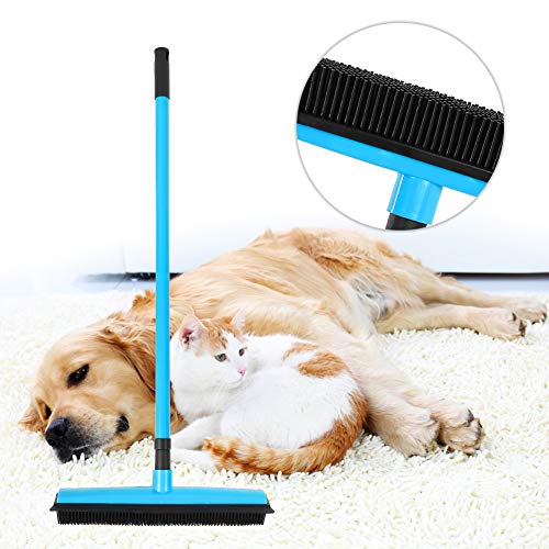 Pet Hair Remover Broom and Rubber Lint Brush Combo Telescopic Handle 26.8 to 47.2 Inches for Dog and Cat Fur Removal Carpet and Hardwood Floor Cleaning Washable Durable Blue Red (Blue) - color: Blue