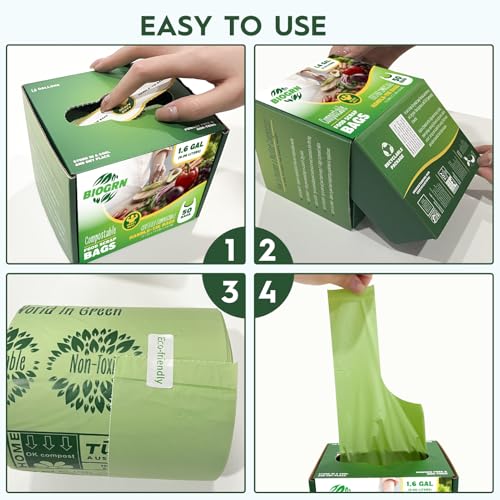 Compostable Trash Bags 1.2-1.6 Gallon Handle Tie 50 Count 0.6 Mil 6.06 Liter Small Compost Bags for Countertop Bin Biodegradable Bags Green for Kitchen ASTM D6400 & BPI Certified, OK Compost Home - color: 1.6 Gal, Handles Bags, 50 Count