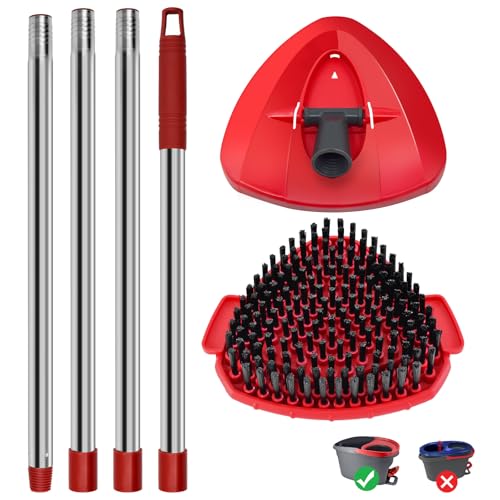 4 Part Stainless Steel Spin Mop Handles, Mop Base & Upgrade Scrub Brush Combo for Ocedar EasyWring 1 Tank Spin Mop System, Mop Handle Mop Base & Brush Set for O Cedar Mop, Universal Thin Screw Joints