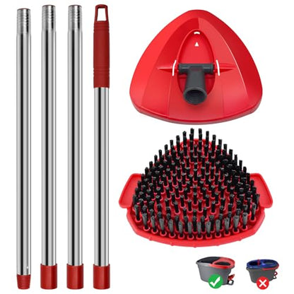 4 Part Stainless Steel Spin Mop Handles, Mop Base & Upgrade Scrub Brush Combo for Ocedar EasyWring 1 Tank Spin Mop System, Mop Handle Mop Base & Brush Set for O Cedar Mop, Universal Thin Screw Joints