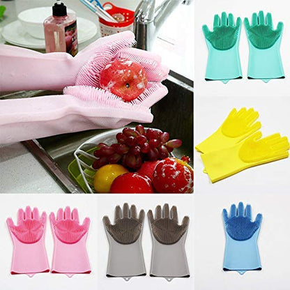 Silicone Dishwashing Gloves, Pet Grooming Rubber Scrubbing for Dishes, Sponge Wash Cleaning with Scrubbers (13.6" L) - color: Red
