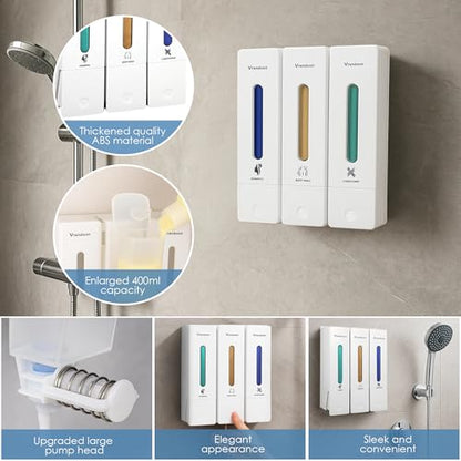 Shampoo and Conditioner Dispenser,Shower Dispenser 3 Chamber No Drill,Shower Soap Dispenser Wall Mounted for Bathroom Hotel with Upgrade Pump Head,3 * 400ml (White 3 Chamber) - color: White 3 Chamber