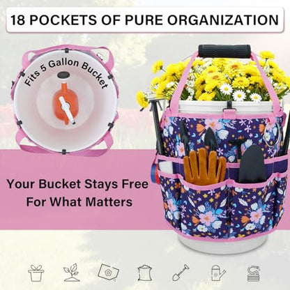 KUNN 5 Gallon Bucket Tool Organizer 18-Pocket Heavy-Duty Bucket Caddy with Hangable Handle & Comfort Grip Pad | Gardening Tool Bag, Garden Organizer Storage Bag Accessory for Gardeners, Purple - style: Purple Floral
