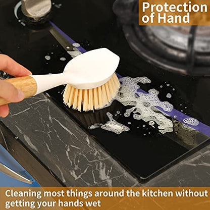 2 Pack Kitchen Dish Brush Bamboo Handle Dish Scrubber Built-in Scraper, Scrub Brush for Pans, Pots, Kitchen Sink Cleaning, Dishwashing and Cleaning Brushes are Perfect Cleaning Tools, White - style: White