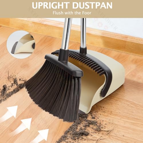 Broom and Dustpan Set with Long Handle, Heavy Dust Broom and Dustpan Combo for Home，Kitchen, Office, Pet Hair(Beige) - color: Beige 1-pack