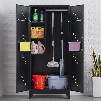 VASAAOSD 75" Metal Storage Cabinet with Lock, Tool Cabinets with Hooks, Heavy-Duty Garage Storage Cabinet for Utility Room, Gym, Basement, Broom Closet, Black - color: 75"h Dark Black