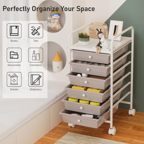 6-Tier Utility Cart with 6 Drawers, Rolling Utility Cart with 2 Lockable Caster Wheels, Multipurpose Mobile Rolling Drawer Cart for Office Bathroom Kitchen, Gray - size: Gray, 6-Tier