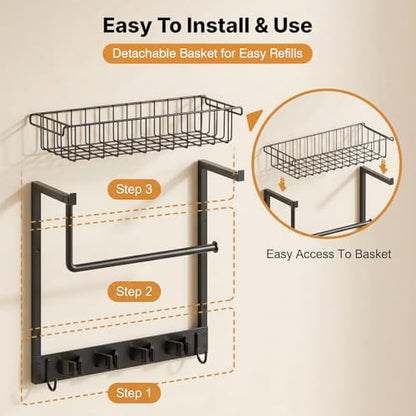 Broom Holder Wall Mount, Broom and Mop Organizer Wall Hanging with Paper Towel Holder & Removable Anti-fall Basket, Wall Mount Cleaning Supplies Organizer for Laundry Room, Apartment, Utility Room