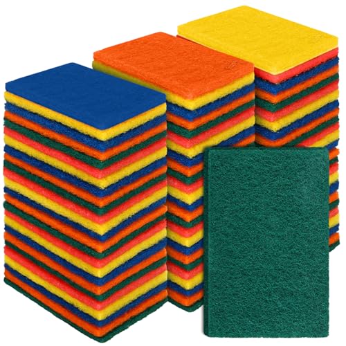 Hoolerry 100 Pcs Heavy Duty Scouring Pads Non Scratch Household Scrub Pads for Cleaning Reusable Pan Scrubber Anti Grease Scrubbing Pads for Dish Kitchen Metal Grills, 4.3 x 3 x 0.3 in (Multicolor) - color: Multicolor
