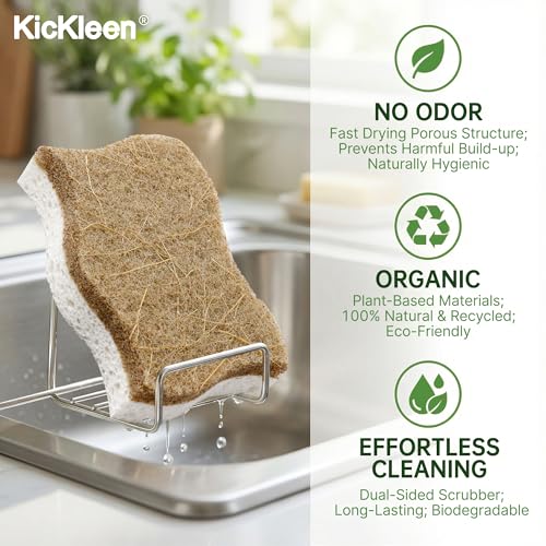 9 Pack Kickleen Biodegradable Natural Kitchen Sponges - Compostable Cellulose and Coconut Walnut Scrubber Sponge - Eco Friendly Sustainable Sponges for Dishes (9 Pack)