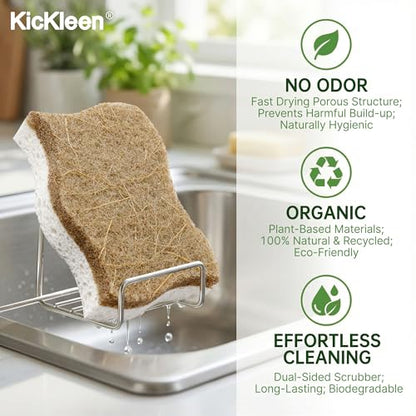 9 Pack Kickleen Biodegradable Natural Kitchen Sponges - Compostable Cellulose and Coconut Walnut Scrubber Sponge - Eco Friendly Sustainable Sponges for Dishes (9 Pack)