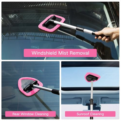 Qydipclin 10pcs Windshield Cleaner Tool, Car Window Cleaning Wash Kit with 4 Reusable Microfiber Pads 1 Spray Bottle and Extendable Handle Auto Glass Wiper Kit, Pink - color: Pink