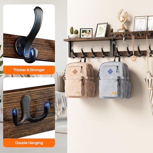 Evermagin 35" Coat Rack Wall Mount with Shelf, 4 in 1 Coat and Key Hanger with 13 Metal Hooks, Entryway Wall Mounted Shelf with Mail Holder for Living Room, Bedroom, Rustic Brown - color: Rustic Brown, size: 35 inch