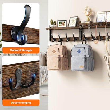 Evermagin 35" Coat Rack Wall Mount with Shelf, 4 in 1 Coat and Key Hanger with 13 Metal Hooks, Entryway Wall Mounted Shelf with Mail Holder for Living Room, Bedroom, Rustic Brown - color: Rustic Brown, size: 35 inch