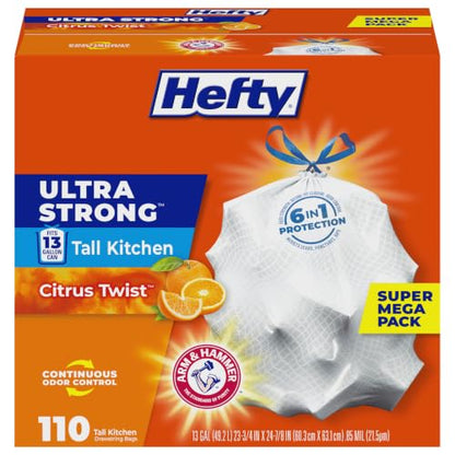 Hefty Ultra Strong 13 Gallon Trash Bags, Tall Kitchen Trash Bags 13 Gallon Size, Drawstring Closure, Continuous Odor Control, White, Citrus Twist Scent, 110 Bags - size: 110 Count (Pack of 1), style: Citrus Twist