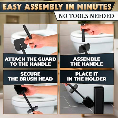 Black Toilet Brush with Square Stainless Steel Holder - Freestanding Toilet Brush and Holder Set Black - Removable Plastic Inner Cup, Splash Guard Cover, Replaceable Head, Corrosion Resistant Finish - color: Black Rounded Square