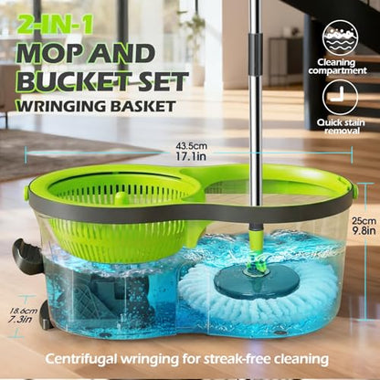 Spin Mop Bucket System,Masthome Pedal Spin Mop and Bucket with Wringer Set,EasyWring Microfiber Mop with 3 Mop Pads,360°Spinning Floor Cleaning System - Home & Office Suitable - color: Green+dark Grey