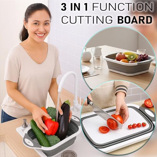 SSKT 3-in-1 Collapsible Cutting Board – Multifunctional Kitchen Sink Tub Basin with Drain, Chopping Board & Washing up Bowl – Space-Saving & Portable for Kitchen, Camping, RV, & Outdoor Use (Grey) - color: Gray
