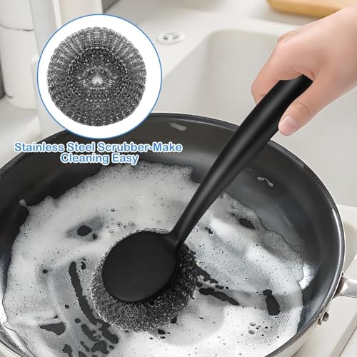 Scrubber with Handle Comes with Three Replacement Balls Steel Wool, Short Handle Scrubber, Steel Wool Scrubber Supplies Dish Scrubber, Stainless Steel Scrubber Tool Metal Scrubber for Dishes - color: 5pcs-1