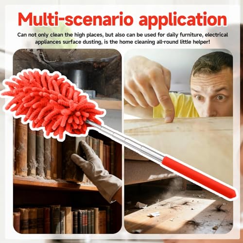 Extendable Microfiber Duster, Telescoping Dusting Brush for Home and Car Cleaning, Adjustable Length, Soft and Flexible - color: Elongated Red