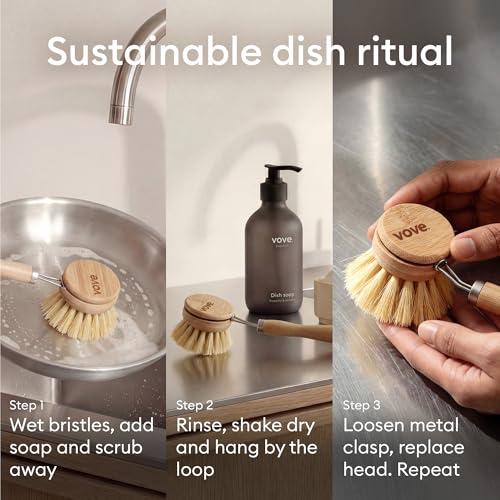 Vove Bamboo Dish Brush with 3 Replacement Heads, Plastic-Free Kitchen Scrub Brush for Pots Pans and Dishes, FSC-Certified Bamboo Handle with Natural Fiber Bristles, Non-Toxic Zero-Waste - style: Brush set - Handle & 3 Replacement Heads