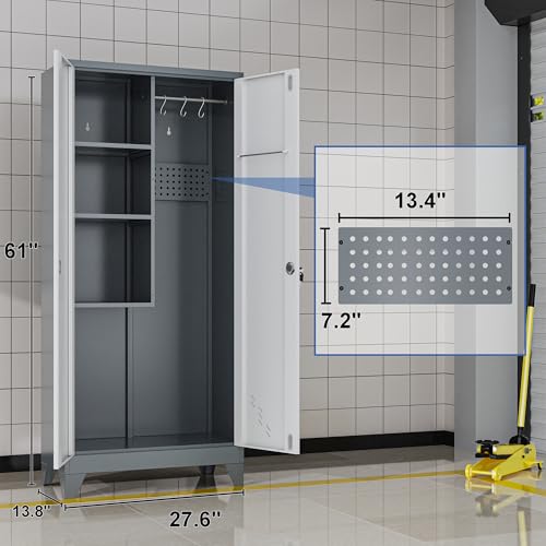 61" Metal Storage Cabinet with Lockable Doors, Cleaning Supply Cabinet with Pegboard and Hanging Rod. Garage Tool Storage Cabinets for Home, Laundry, Office, Home Kitchen Utility Cabinet - size: 61" Cabinet White & Gray