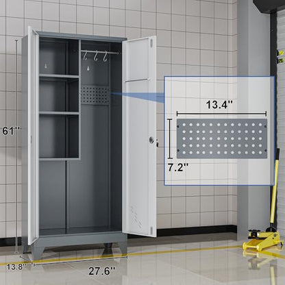 61" Metal Storage Cabinet with Lockable Doors, Cleaning Supply Cabinet with Pegboard and Hanging Rod. Garage Tool Storage Cabinets for Home, Laundry, Office, Home Kitchen Utility Cabinet - size: 61" Cabinet White & Gray