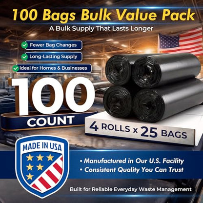 Delxo 30-33 Gallon Trash Bags, 1.2 Mil Commercial Black Garbage Bags, 32” x 38” Medium Duty Large Plastic Trash Bags, Commercial Liners for Office, Retail & Paper Waste, Made in USA, 100 Count